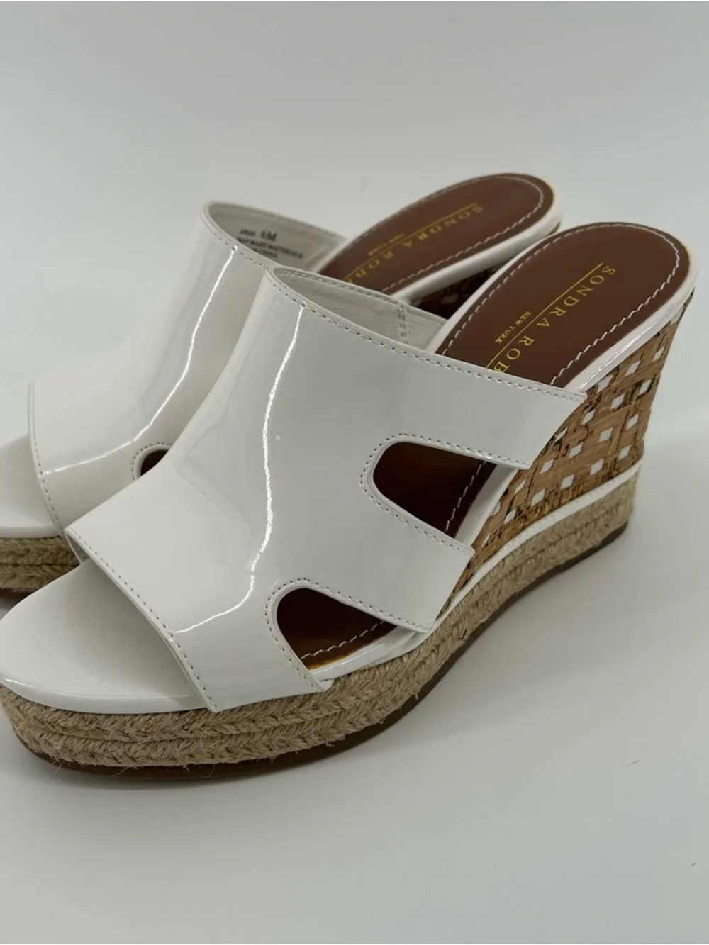 Sondra Roberts White Patent Espadrille Wedge Mules ANgie
